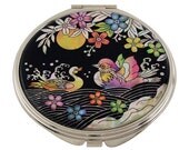 Mother of Pearl Mandarin Duck Design Magnifying Makeup Handbag Purse Compact Mirror
