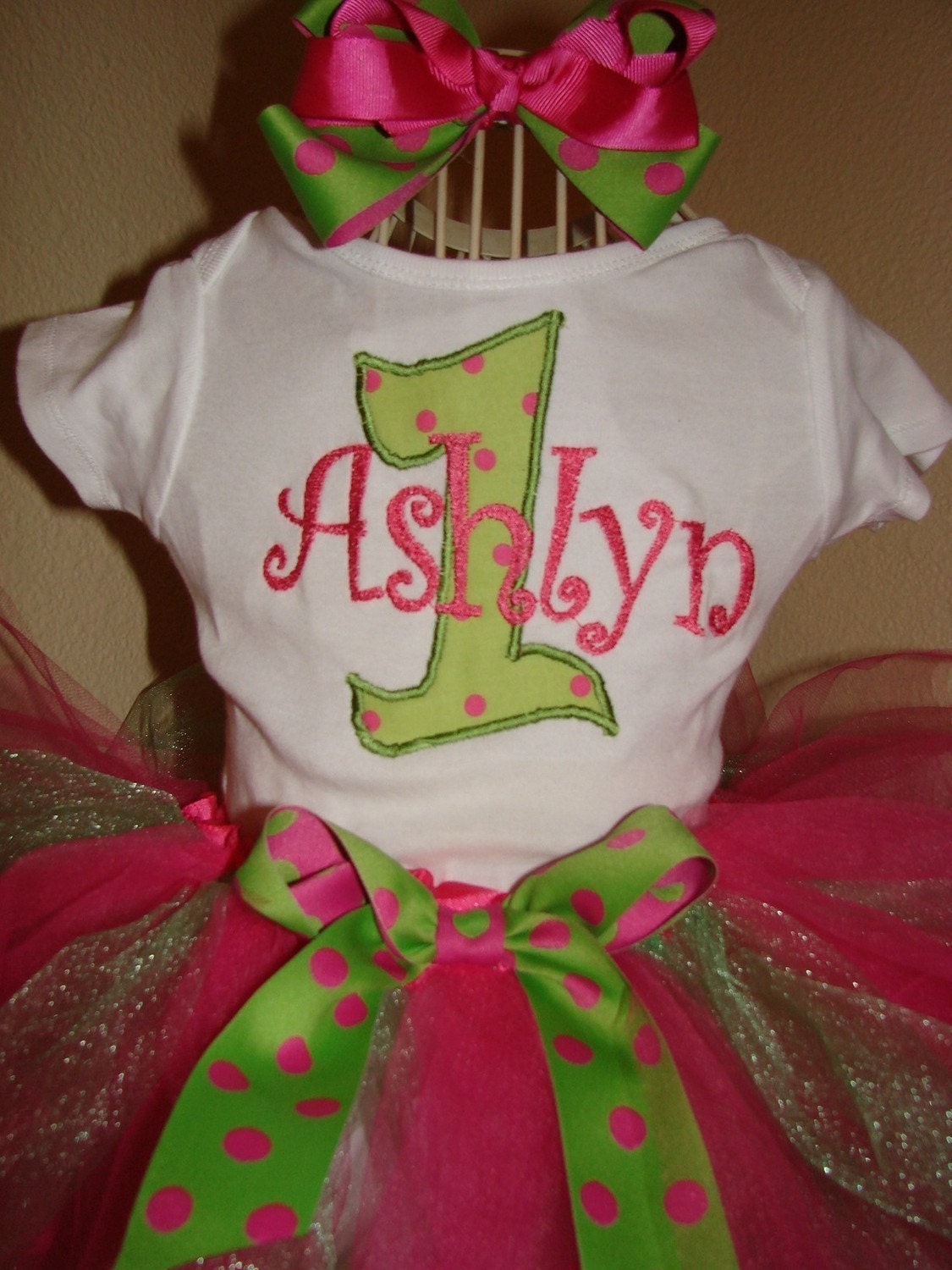 Birthday Tutu Outfit bloomers diaper cover long or short sleeves Pink and green, Boutique bow, head band, Great for 1st 2nd 3rd Birthday