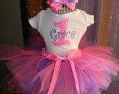 Tutu Outfit with Skirt Pink and lavender, Boutique bow, head band, Great for 1st 2nd 3rd Birthday embroider monogram