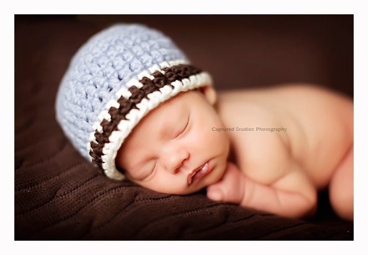 20% OFF SALE - Organic Cotton Beanie Hat - Blue, Ivory, and Brown Stripes - Newborn Baby Photo Prop