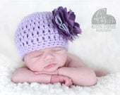 20% OFF SALE - Organic Cotton & Soy Beanie Hat - Lavender Purple Hat with Linen Flower and Rhinestone - Fancy Newborn Photo Prop