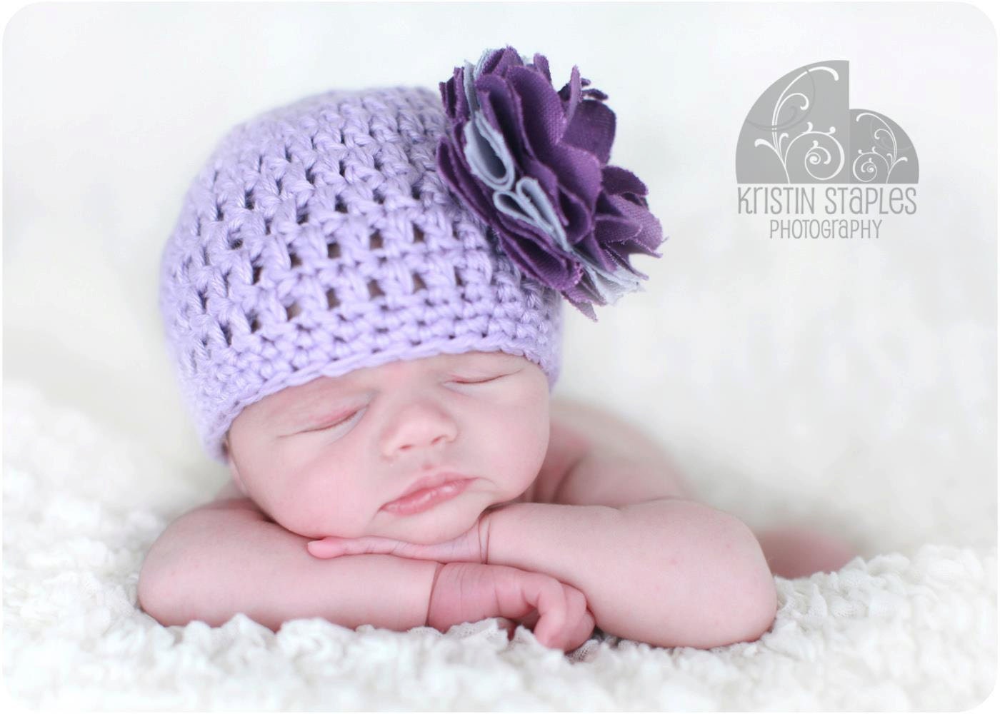 20% OFF SALE - Organic Cotton & Soy Beanie Hat - Lavender Purple Hat with Linen Flower and Rhinestone - Fancy Newborn Photo Prop