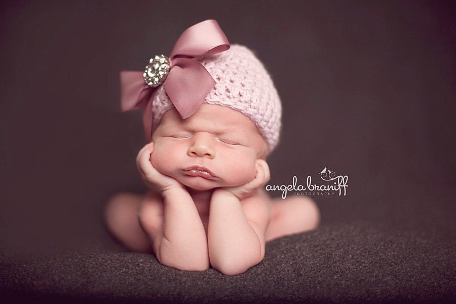 Organic Cotton Beanie Hat - Light Pink/Mauve Hat with Satin Bow and Rhinestone - Fancy Newborn Photo Prop