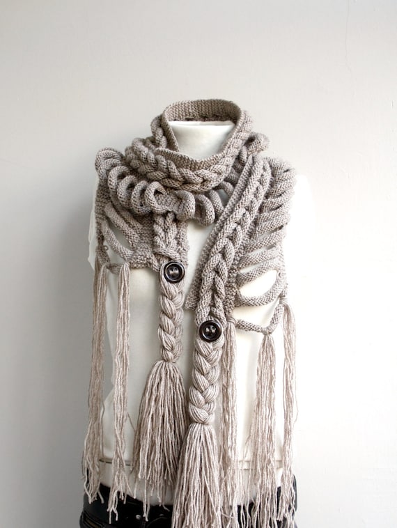 Free SHIPPING Milky Brown Wool  Scarf with Brown Button Mothers Day gift  UNDER 75USD For Her