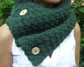 Cowl Neckwarmer Scarf in Hunter Green with Wooden Buttons - Lambs Wool Blend