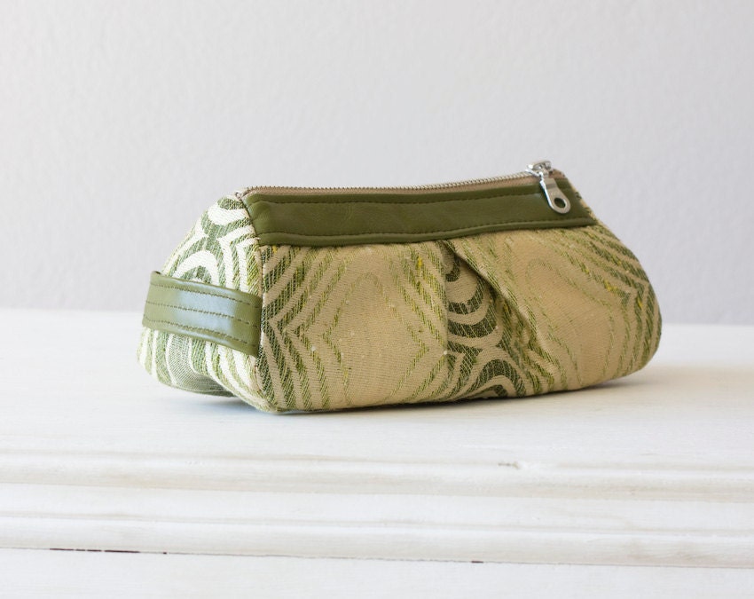 cosmetic bag , make up bag in  Green pattern and green leather