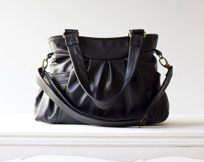 Black Leather shoulder bag, messenger, purse - Elessa bag