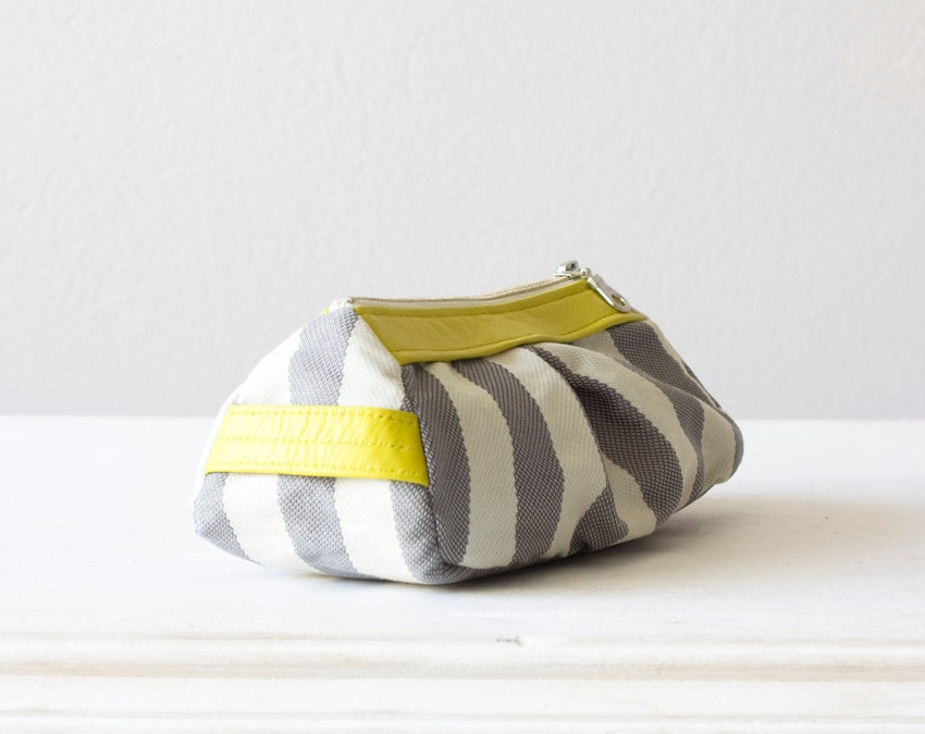 cosmetic case , make up bag in Stripe cotton grey and Yellow leather , Cyber Monday Etsy