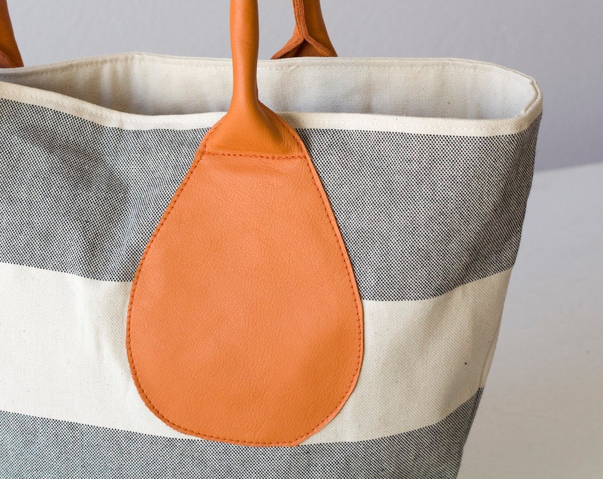 Stripe shoulder bag , purse in cotton canvas and orange leather - Kallisto bag