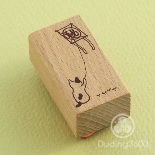 Japanese Cat Wooden Rubber Stamp - "Secret" Cat Flying a Kite - Pottering Cat