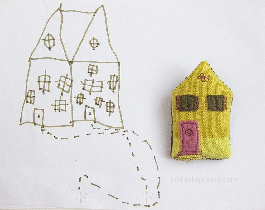 Little house brooch. Lemon yellow, olive green and pink