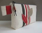 Zippered clutch purse cream white canvas with rusty red and taupe stripes and leaves - MAIA