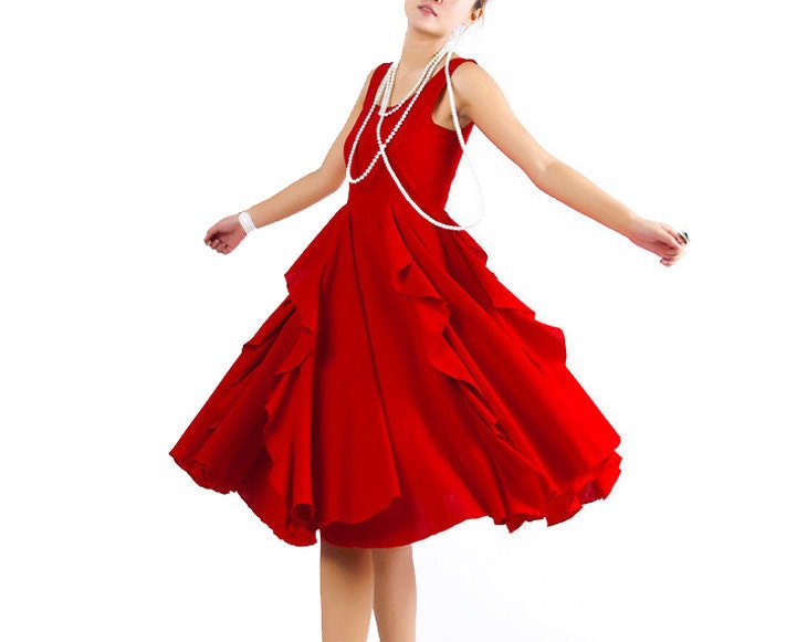 Red linen midi prom dress (MM05)