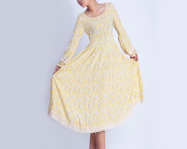 Breathe - - Yellow floral Cotton print  tea dress (0152)