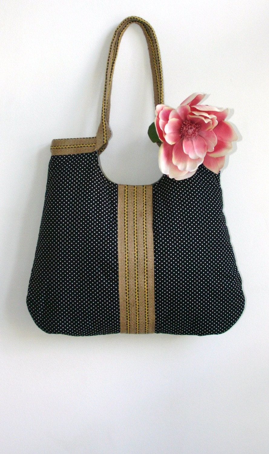 Black dots and burlap french tote bag
