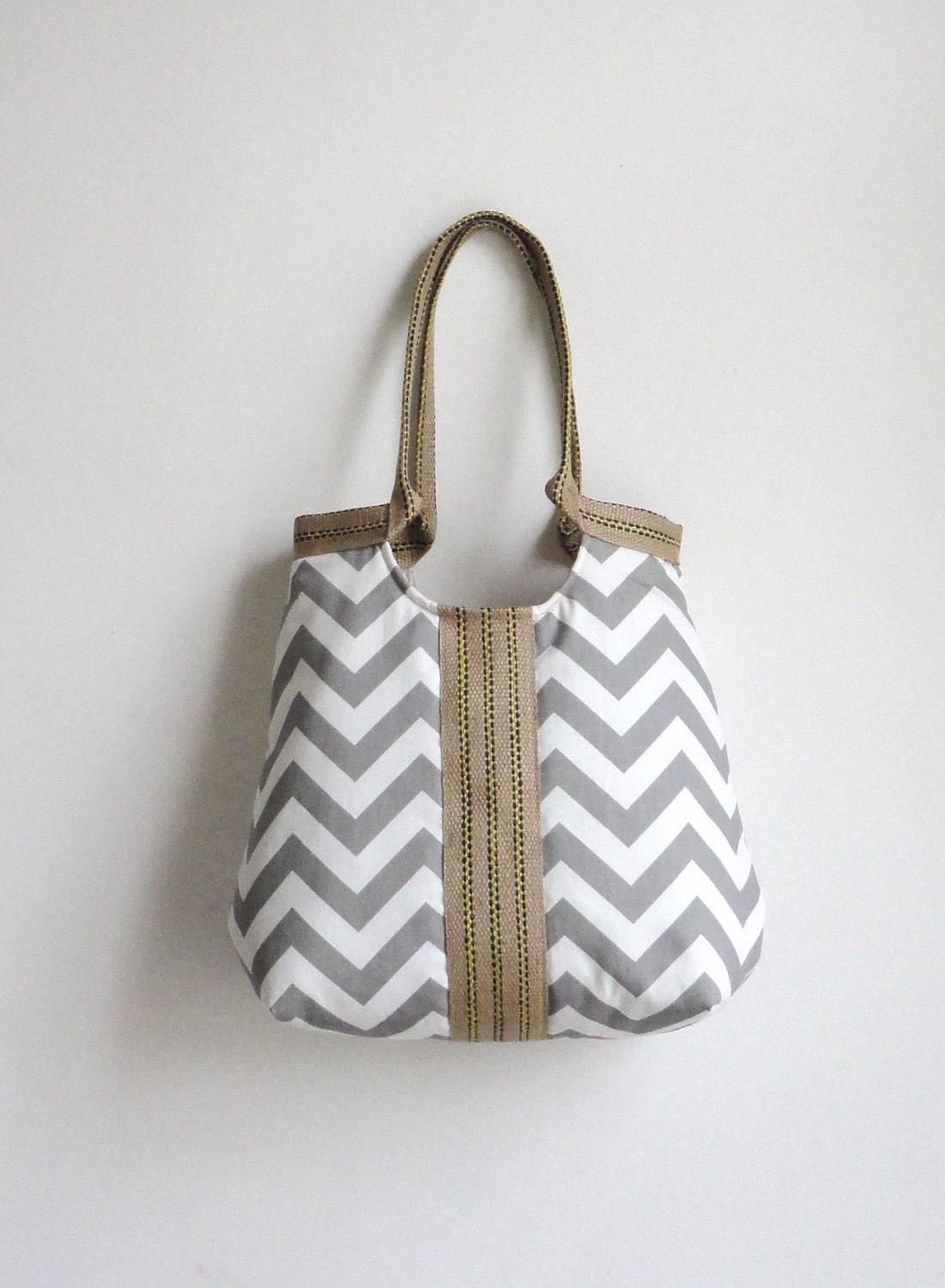 Grey chevron carry on hobo bag with burlap SPRING FASHION