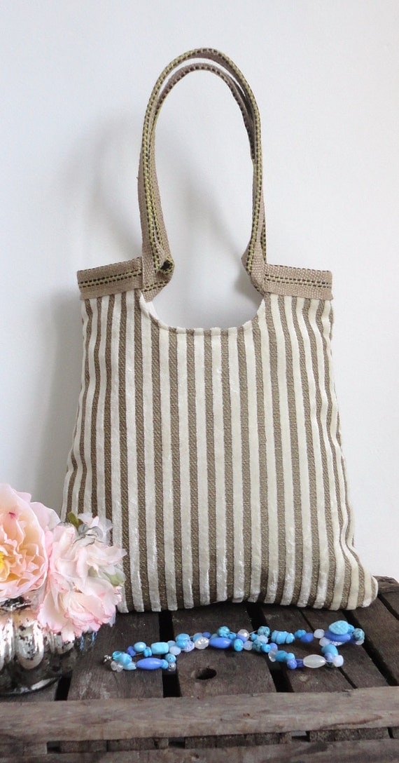 Striped tapestry & burlap tote bag in white