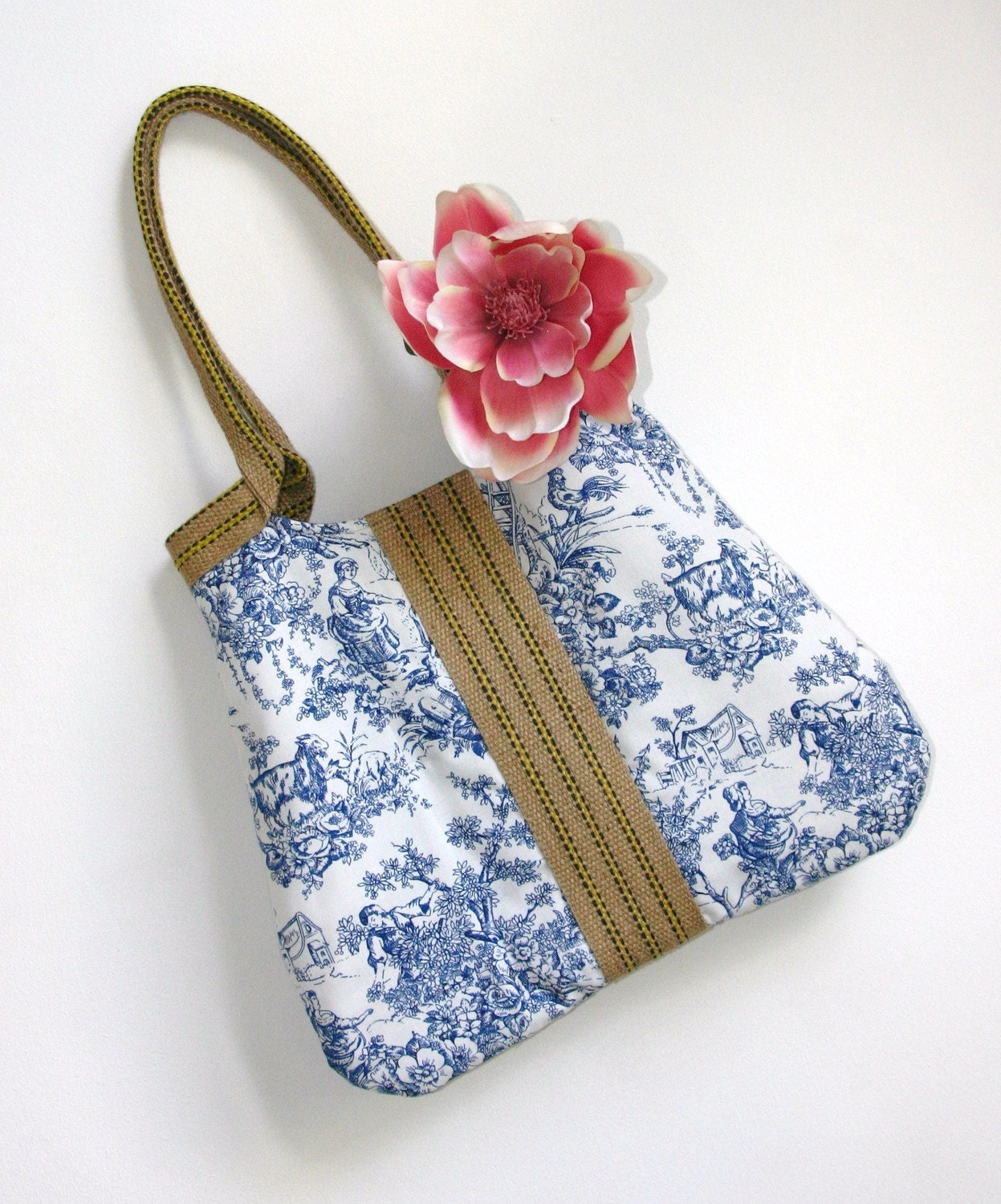 Provence blue toile tote bag with burlap