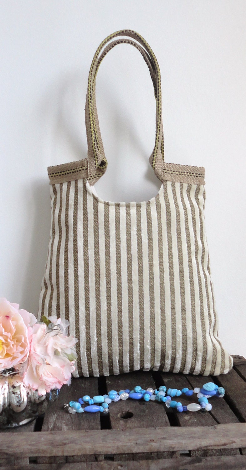 Striped tapestry & burlap tote bag in white