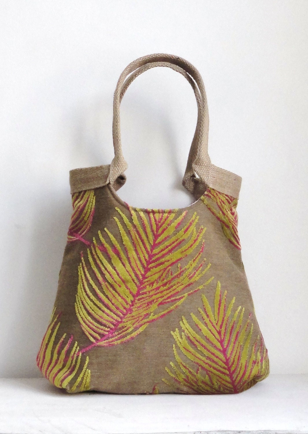 Neon leaves large carryall tapestry hobo bag with burlap