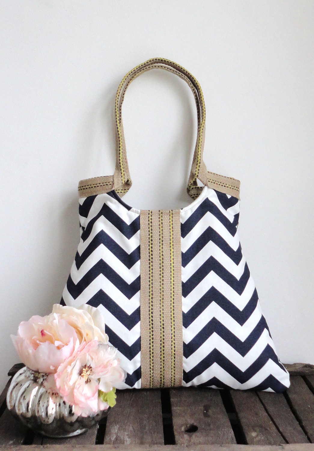 Shoulder Bag Purse Navy blue-white chevron tote bag with jute Winter Fashion