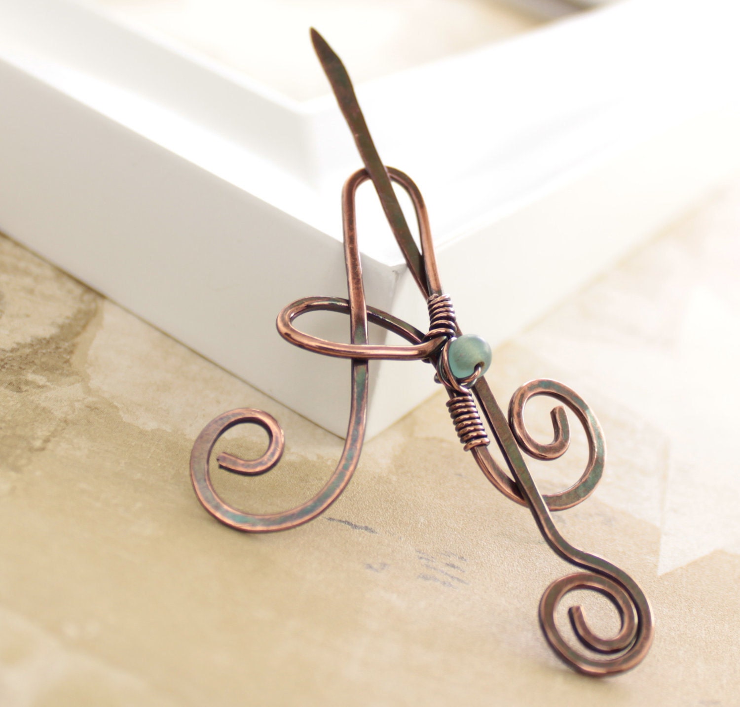 Copper shawl pin in letter 'A' personalized initial with light aqua small glass bead