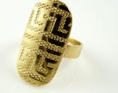 Large Gold Ring, Gold statement ring, Greek key ring, size 8, gold oval ring, ancient ring, tribal ring, fashion, exotic gold ring