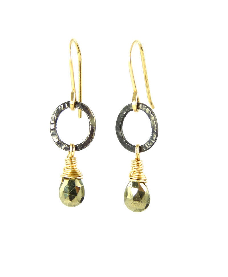 Small Pyrite Hoops- mixed metals hoops, black and gold, delicate hoops, designer jewelry, luxury jewelry, gold hoops