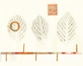Contemporary Minimalist Three Leaves with Gold Bars Original Monoprint Collage