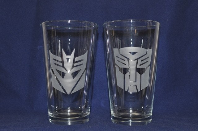 Etched Transformer Pint Glasses - Autobot and Decepticon by Jackglass on Etsy