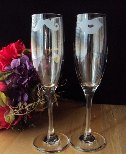 His and Hers Mustache and Lips Champagne Flutes by Jackglass on Etsy