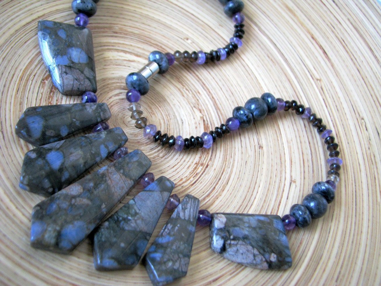 Lucem Necklace Unique Llanite Amethyst Larvikite Smokey Quartz Variant