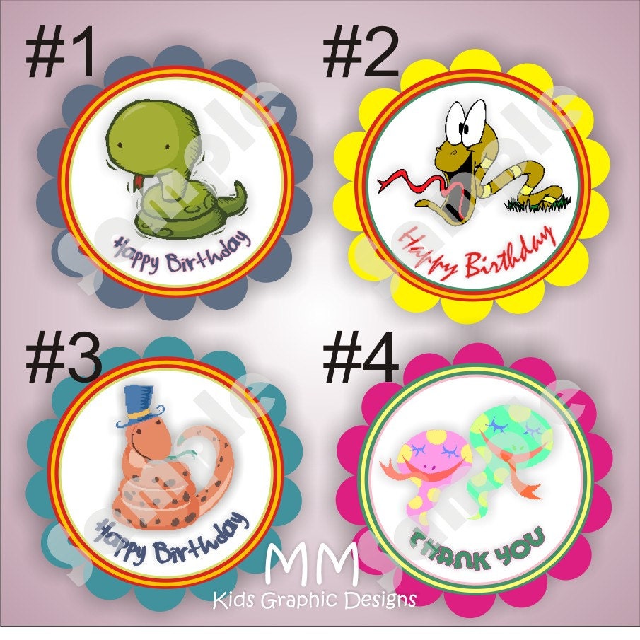 Funny Snakes Theme - 40 Die cut 2 inch circle Stickers with scalloped edges - Choose your design - Birthday - Baby Shower - Personalized Il_170x135