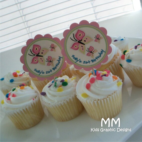 Butterfly Theme - 30 Cupcake Toppers - Personalized - Birthday - Baby Shower - Choose the design Il_570xn