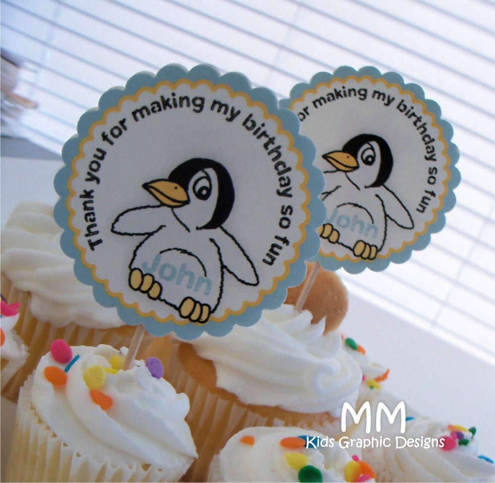 Penguin Theme - 12 Cupcake Toppers - Personalized - Birthday - Baby Shower - Choose the design Il_570xn