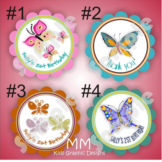Butterfly Theme - 40 Die cut 2 inch circle Stickers with scalloped edges - Choose your design - Thank You - Birthday - Baby Shower Il_570xn