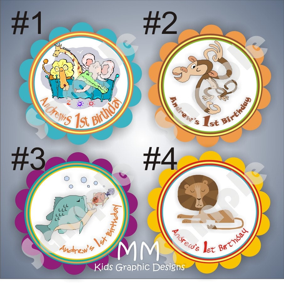 Funny Animals Theme - 40 Die cut 2 inch circle Stickers with scalloped edges - Choose your design - Thank You - Birthday - Baby Shower Il_570xn
