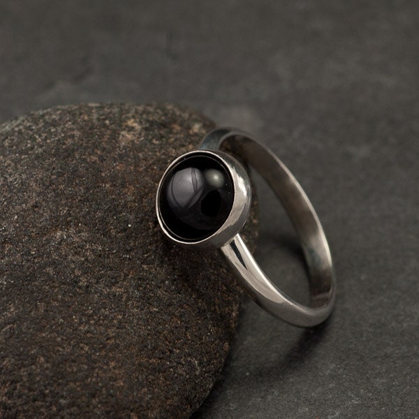 Black Onyx Ring- Large Black Stone Ring- Sterling Silver Ring- handmade modern silver jewelry- sizes 6,  7, 8