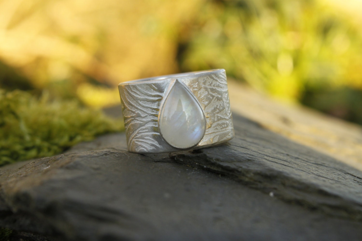 Sterling silver moonstone ring - textured - made to order
