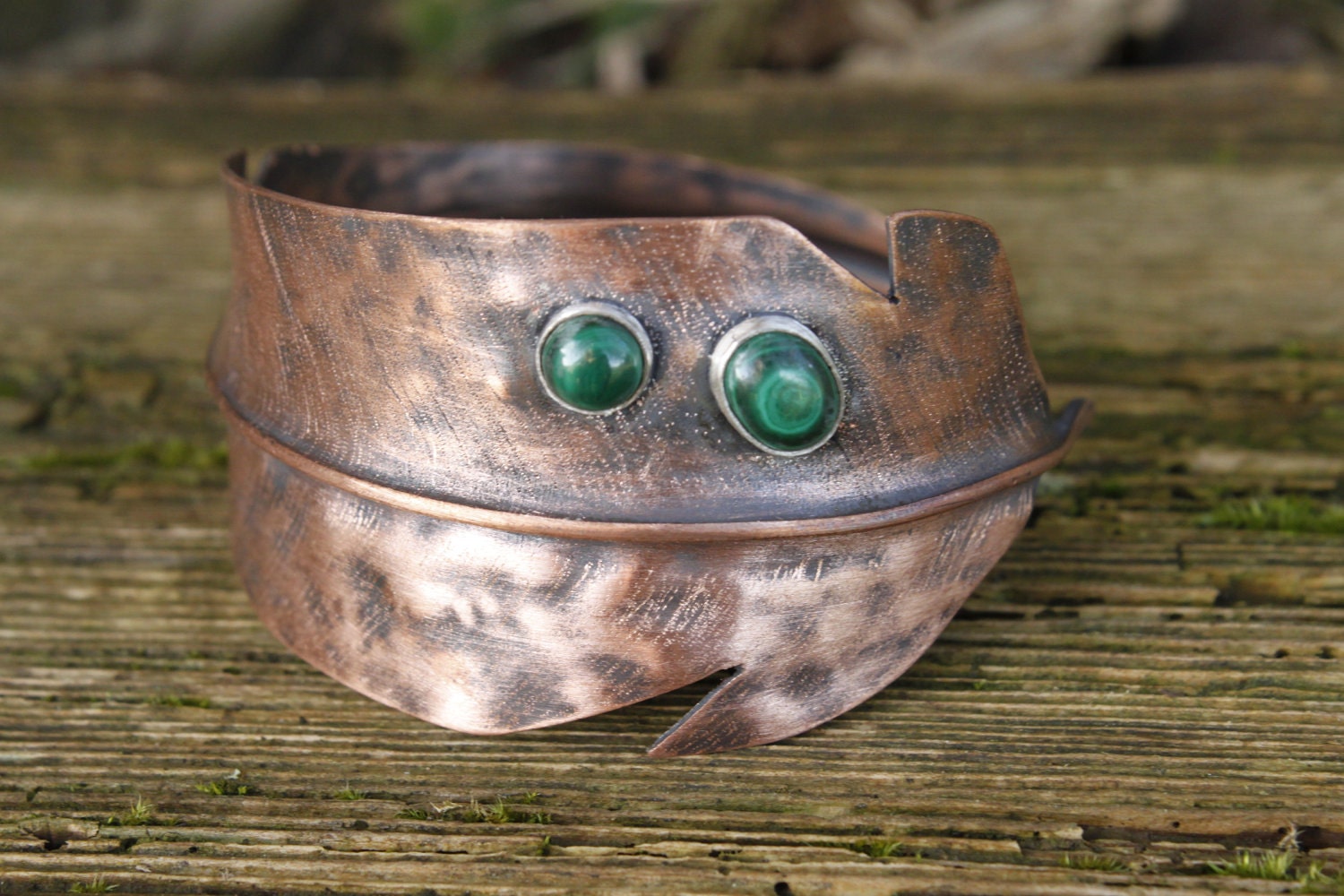 Feather copper and malachite cuff bracelet - made to order
