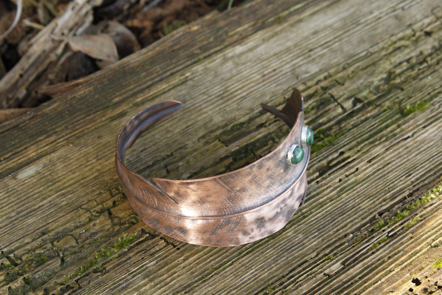 Feather copper and malachite cuff bracelet - made to order