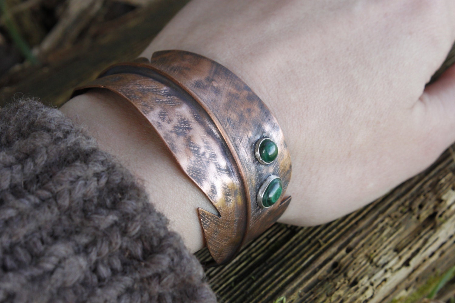 Feather copper and malachite cuff bracelet - made to order