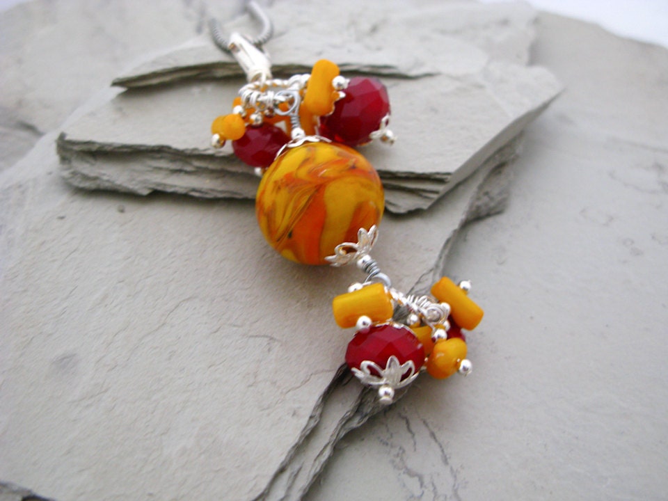 Autumn Pumpkin Harvest Lampworked Glass Pendant, Ketchup and Mustard Lampwork Necklace, Beaded Jewelry