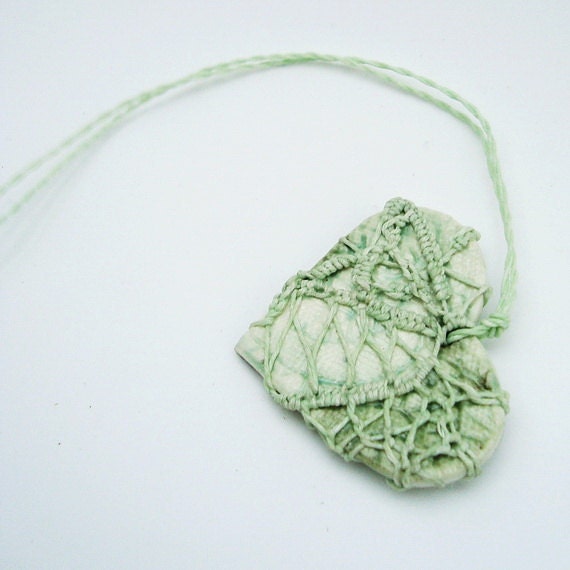 Fishnet Steampunk Pottery and Fiber Knotted Necklace, Celery Green, Valentine