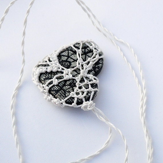 White Fishnet Steampunk Valentine Pottery and Fiber Knotted Necklace