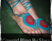 Turquoise, red, and brown barefoot sandals, foot jewelry, anklet