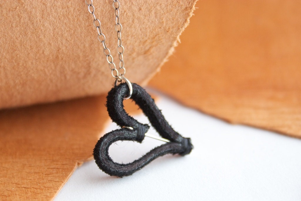 Corazón Negro - Black suede heart on sterling silver necklace pendant anti-Valentine's Bridesmaid Jewelry