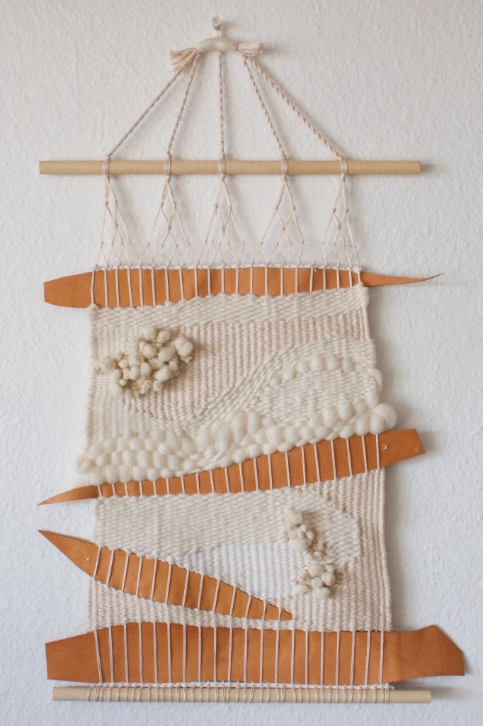 White texture - wool, cotton and leather woven art
