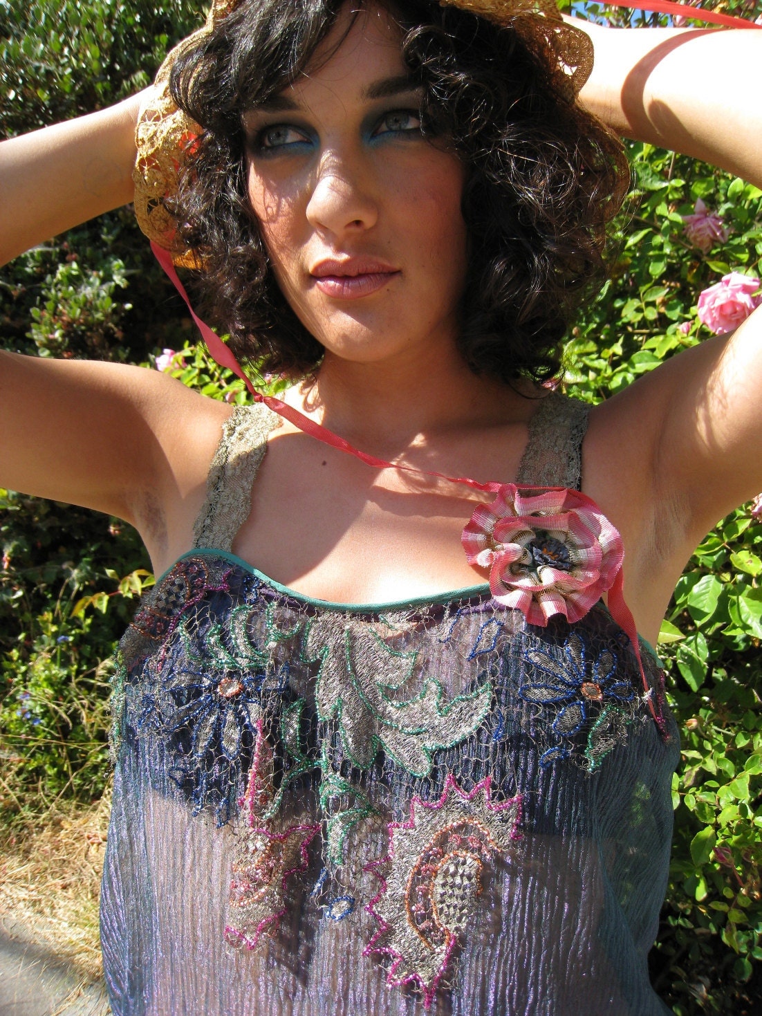 Vintage Crinkle silk hand made top with antique trim and beaded metallic lace applique 1920s Bellasoiree original