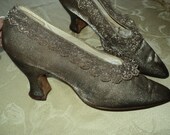 1920s Antique Metallic Silver Lame Lace Louis Heel Shoes Original Wearable Flapper Art Deco